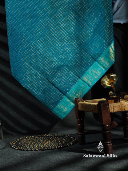 Beautiful Peacock Blue Traditional Checks Chettinad Pure Cotton Saree With Ramar Blue Border