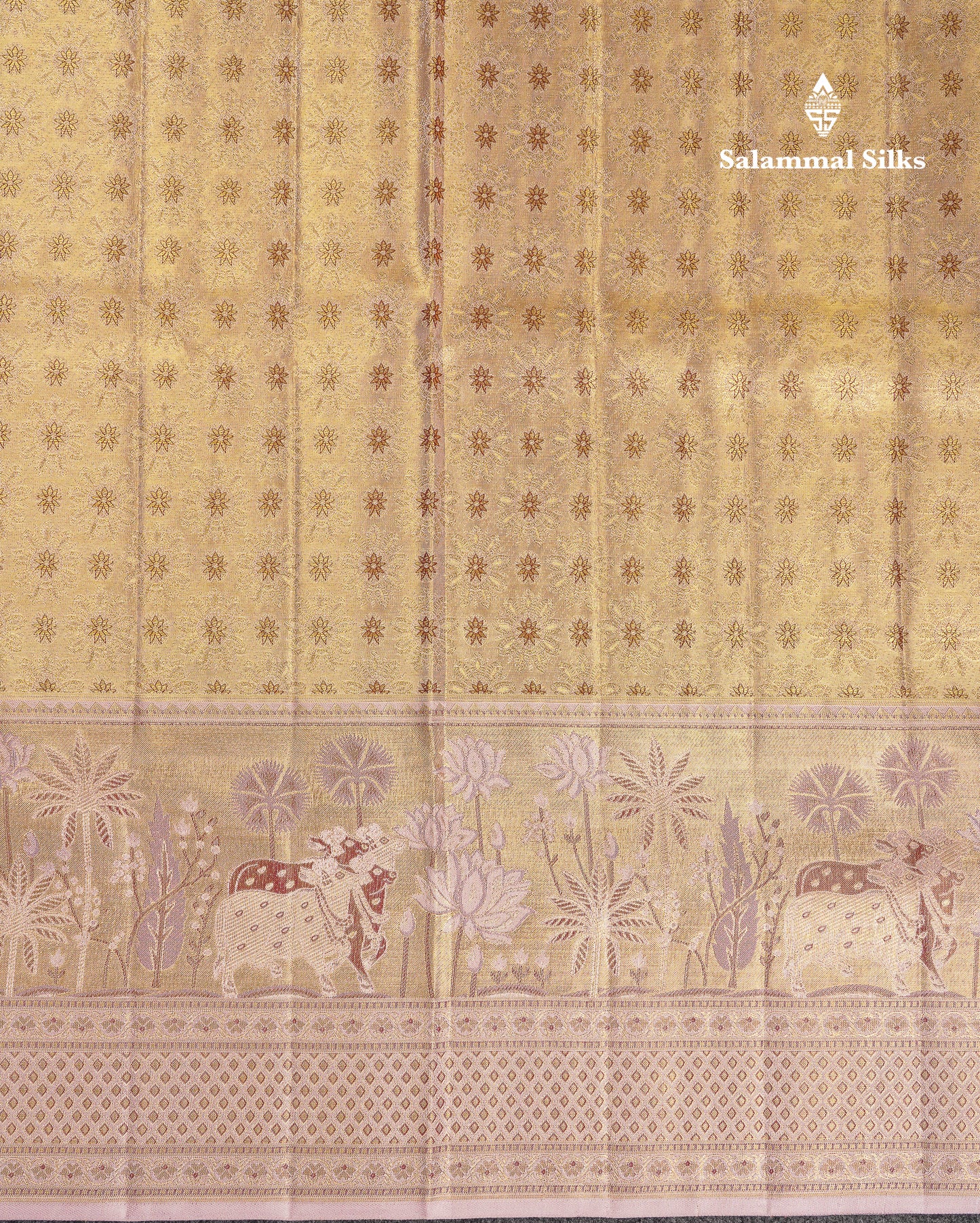 Beautiful Cream Tissue Bridal Pure Kanjivaram Silk Saree With Contrast Light Lavender Pichwai Art Border
