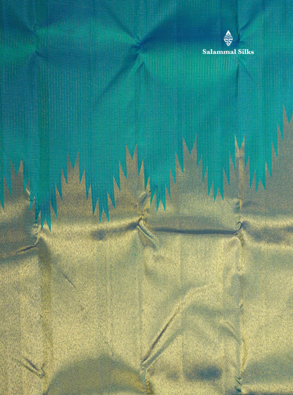 Peacock Blue Traditional Vairaoosi Checks Pure 8 Kol Kanjivaram Silk Saree With Rising Temple Border