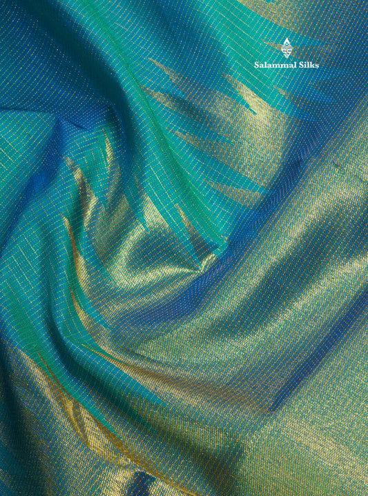 Peacock Blue Traditional Vairaoosi Checks Pure 8 Kol Kanjivaram Silk Saree With Rising Temple Border