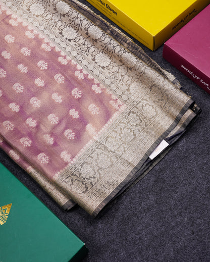 Beautiful Cream Pink Tissue Silk Mix Fancy Saree With Violet Border