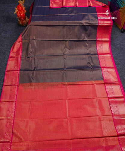Beautiful Dark Navy Blue Vaira Oosi Lines Semi Silk Saree With Contrast Pink Traditional Border