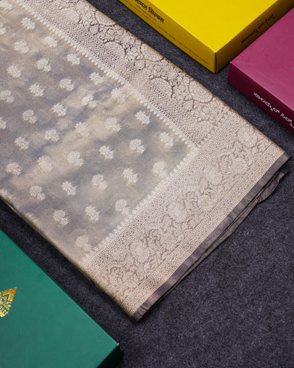 Beautiful Cream Pink Tissue Silk Mix Fancy Saree With Violet Border