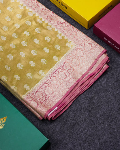 Beautiful Cream Pink Tissue Silk Mix Fancy Saree With Violet Border