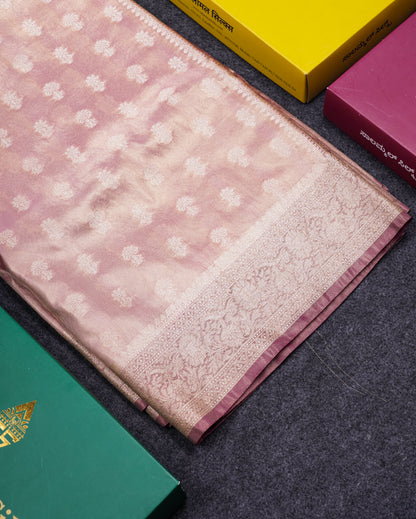 Beautiful Cream Pink Tissue Silk Mix Fancy Saree With Violet Border