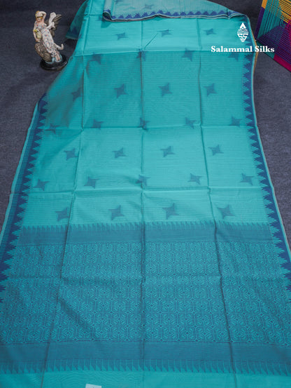 Sapphire Green Beautiful Fancy Kora Cotton Saree With Contrast Navy Blue Traditional Temple Border