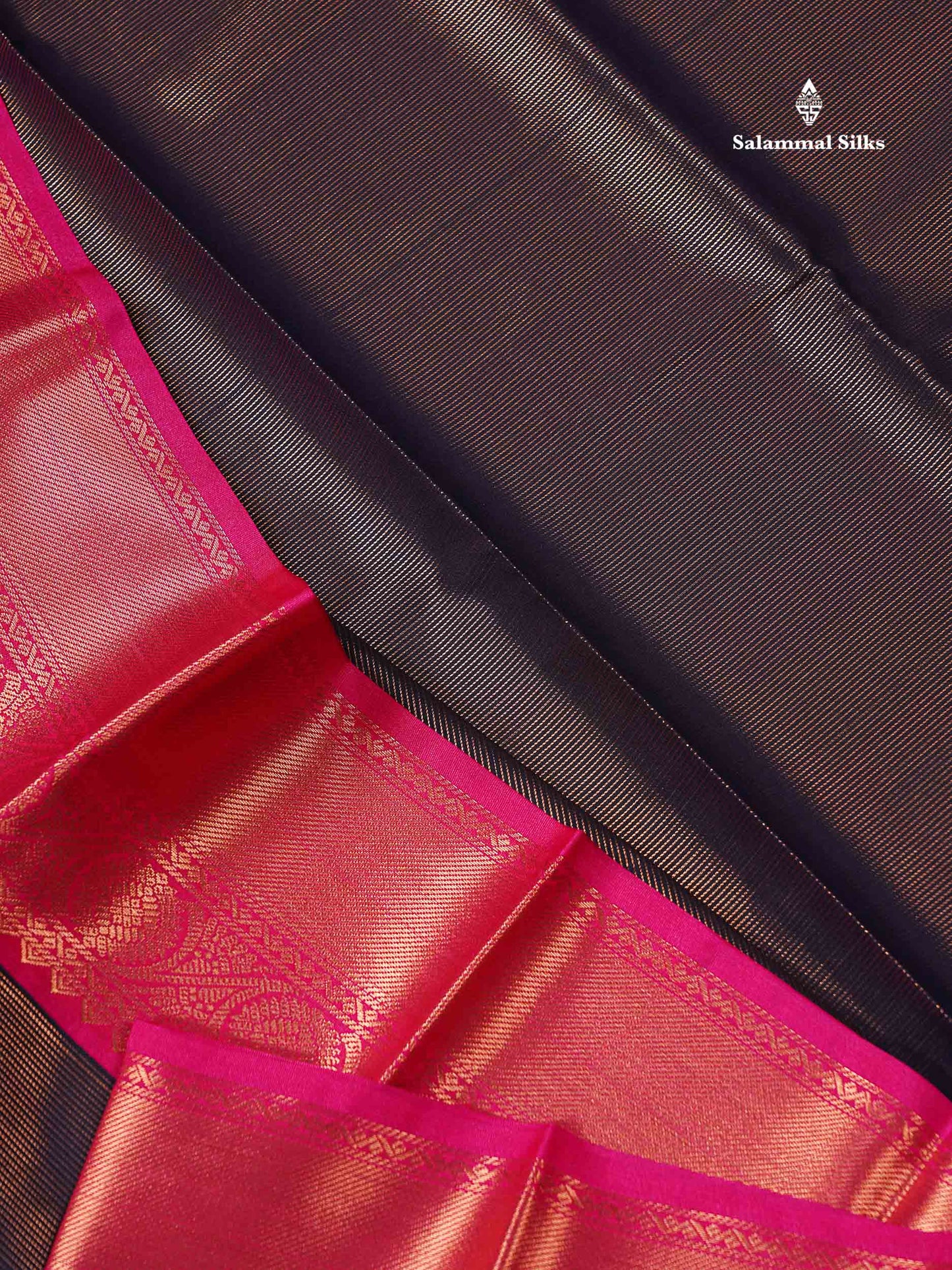 Beautiful Dark Navy Blue Vaira Oosi Lines Semi Silk Saree With Contrast Pink Traditional Border