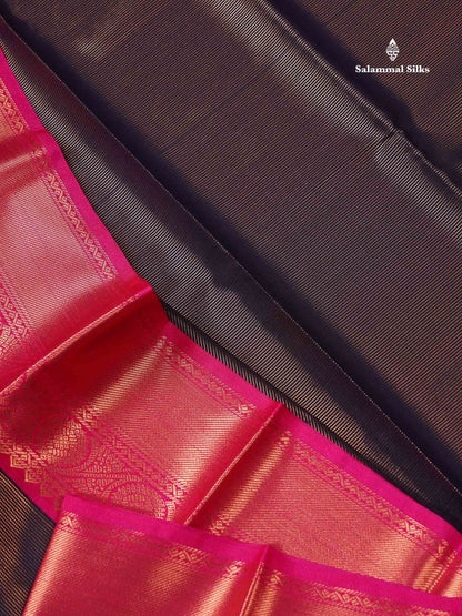 Beautiful Dark Navy Blue Vaira Oosi Lines Semi Silk Saree With Contrast Pink Traditional Border