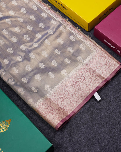 Beautiful Cream Pink Tissue Silk Mix Fancy Saree With Violet Border
