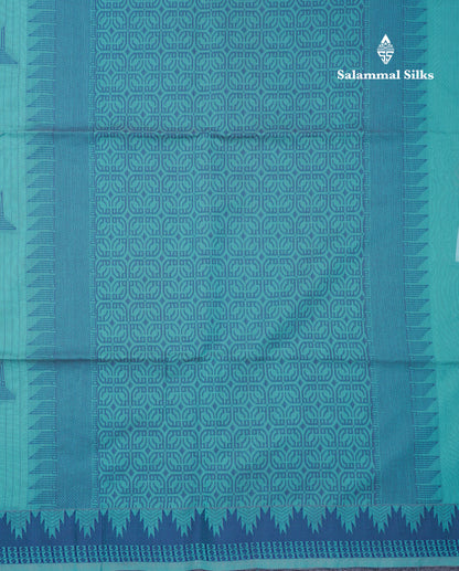 Sapphire Green Beautiful Fancy Kora Cotton Saree With Contrast Navy Blue Traditional Temple Border