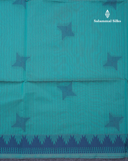 Sapphire Green Beautiful Fancy Kora Cotton Saree With Contrast Navy Blue Traditional Temple Border