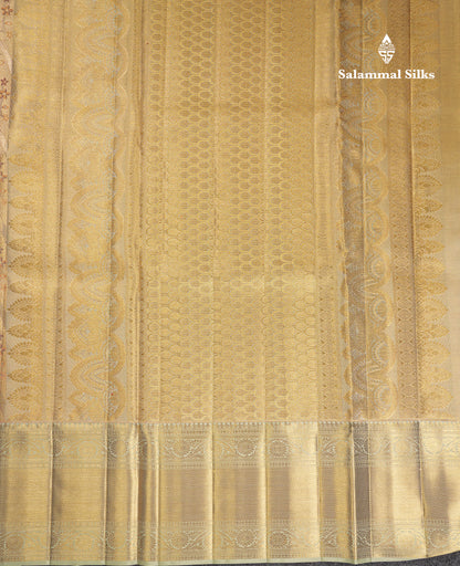 Beautiful Gold Tissue Menakari Work Bridal Pure Kanjivaram Silk Saree With Contrast Cream Green Traditional Evening Morning Border