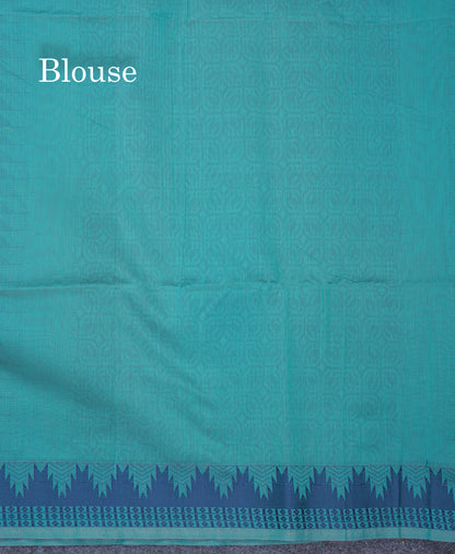 Sapphire Green Beautiful Fancy Kora Cotton Saree With Contrast Navy Blue Traditional Temple Border