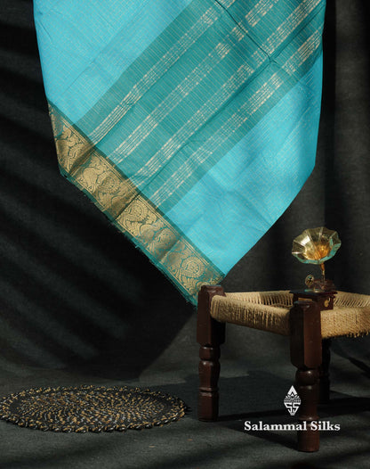 Beautiful Peacock Blue Traditional Checks Chettinad Pure Cotton Saree With Ramar Blue Border