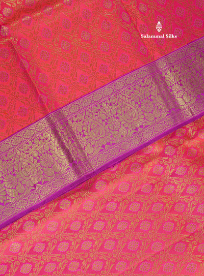Reddish Pink Meena Work Bridal Pure Kanjivaram Silk Saree With Violet Long Border