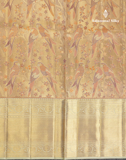 Beautiful Gold Tissue Menakari Work Bridal Pure Kanjivaram Silk Saree With Contrast Cream Green Traditional Evening Morning Border