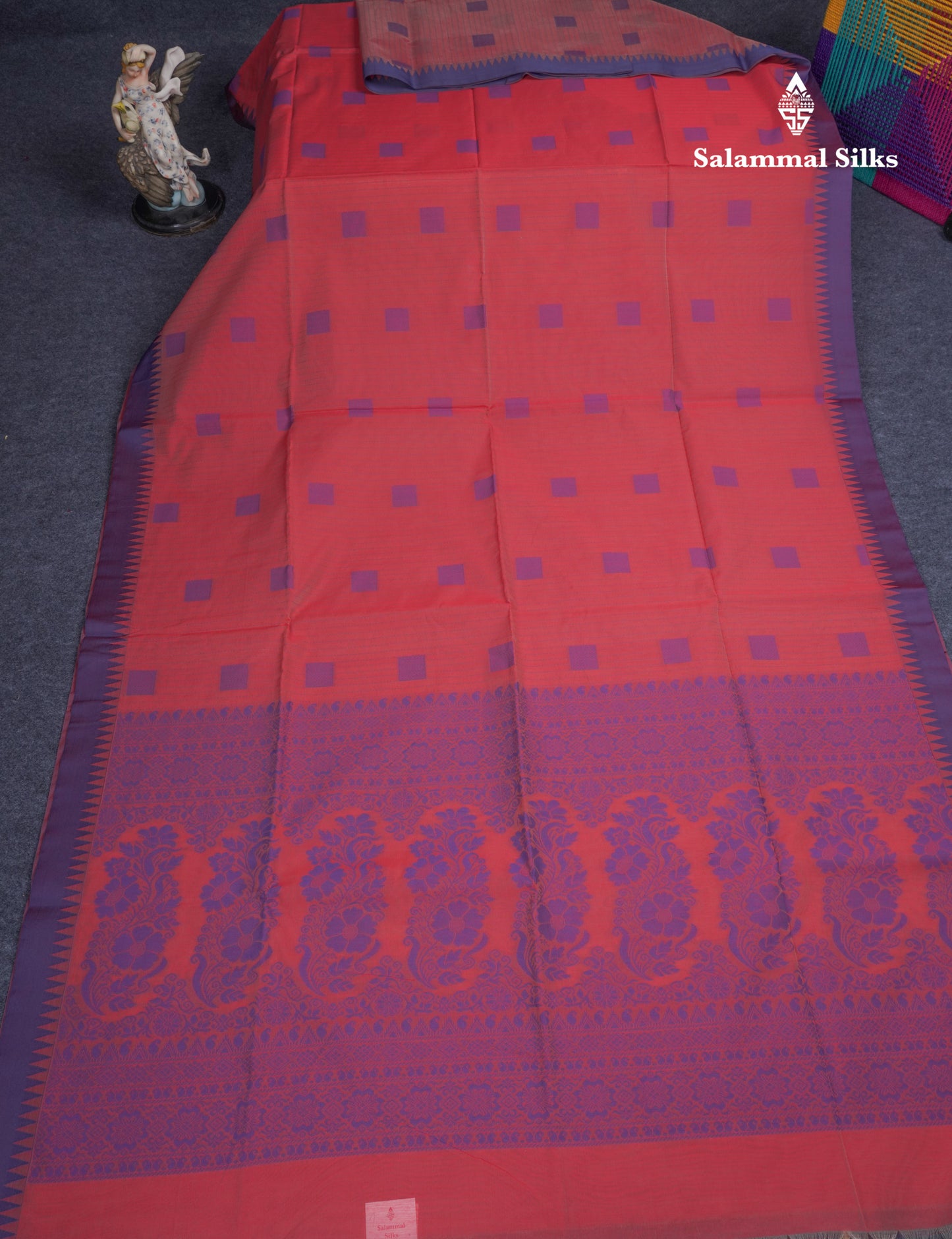 Tomato Red Beautiful Fancy Kora Cotton Saree With Contrast Violet Temple Small Border