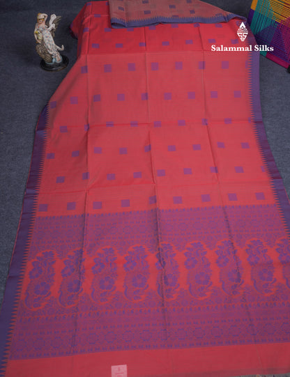 Tomato Red Beautiful Fancy Kora Cotton Saree With Contrast Violet Temple Small Border