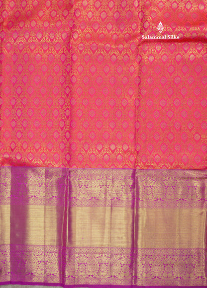 Reddish Pink Meena Work Bridal Pure Kanjivaram Silk Saree With Violet Long Border