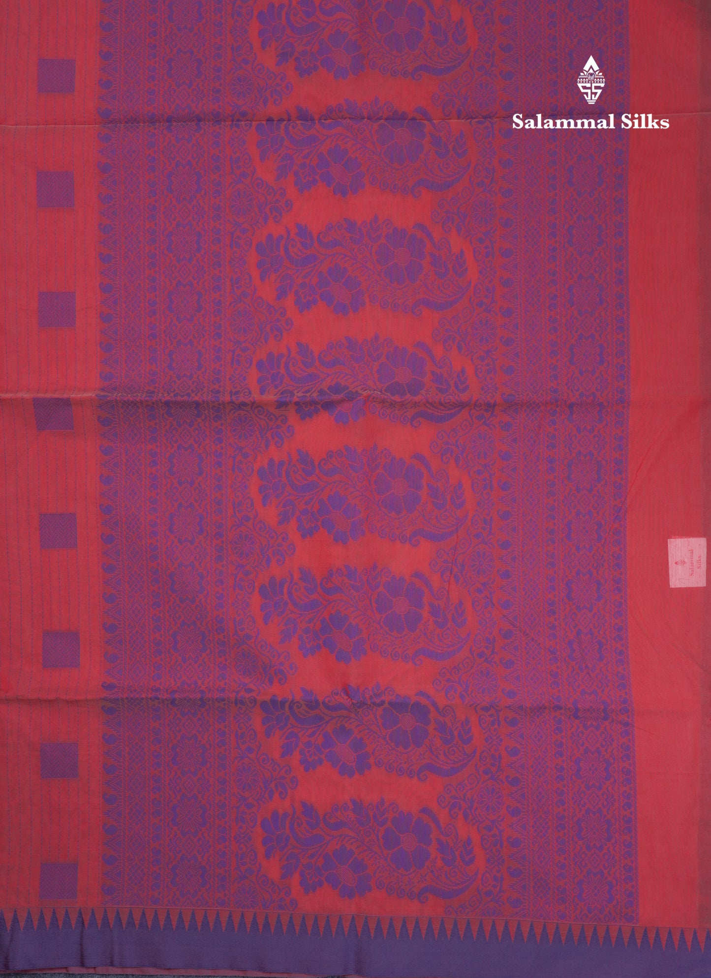 Tomato Red Beautiful Fancy Kora Cotton Saree With Contrast Violet Temple Small Border