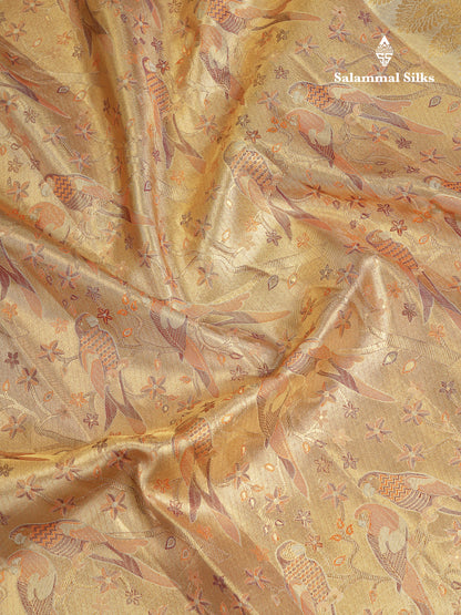 Beautiful Gold Tissue Menakari Work Bridal Pure Kanjivaram Silk Saree With Contrast Cream Green Traditional Evening Morning Border