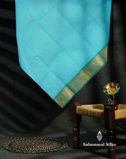 Beautiful Peacock Blue Traditional Checks Chettinad Pure Cotton Saree With Ramar Blue Border