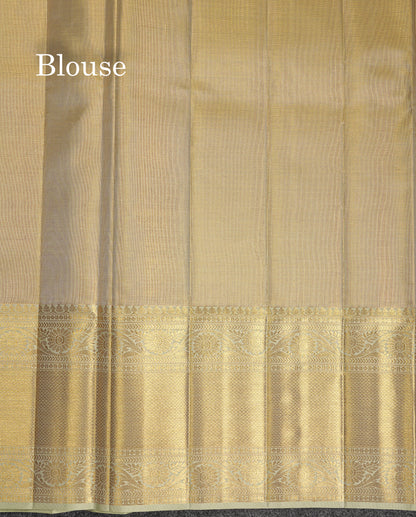 Beautiful Gold Tissue Menakari Work Bridal Pure Kanjivaram Silk Saree With Contrast Cream Green Traditional Evening Morning Border