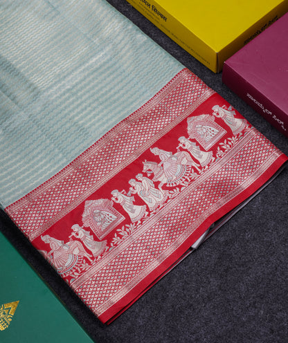 Beautiful Light Green Tissue Silk Mix Saree With Contrast Vadamalli Traditional Pallaku Evening Morning Border