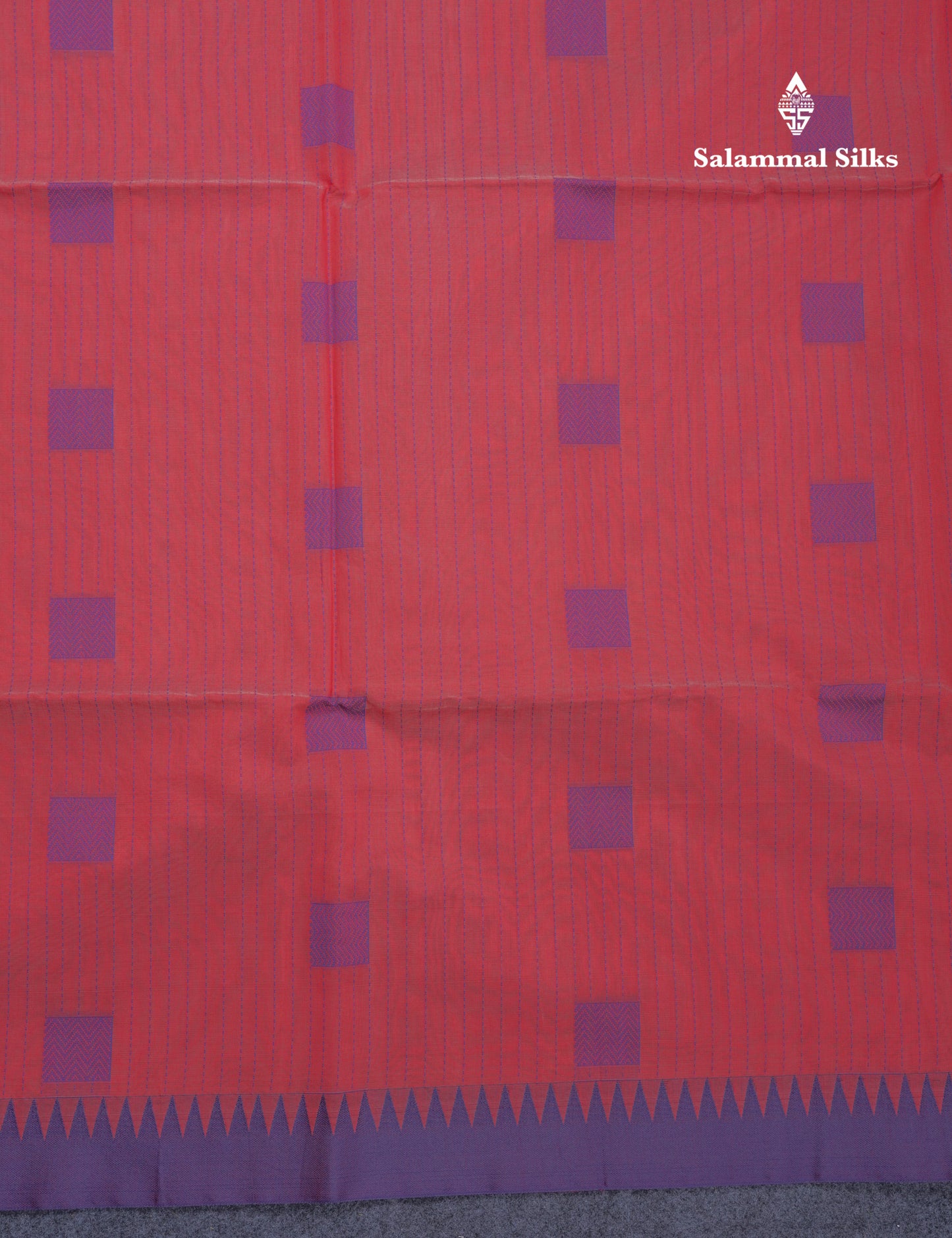 Tomato Red Beautiful Fancy Kora Cotton Saree With Contrast Violet Temple Small Border