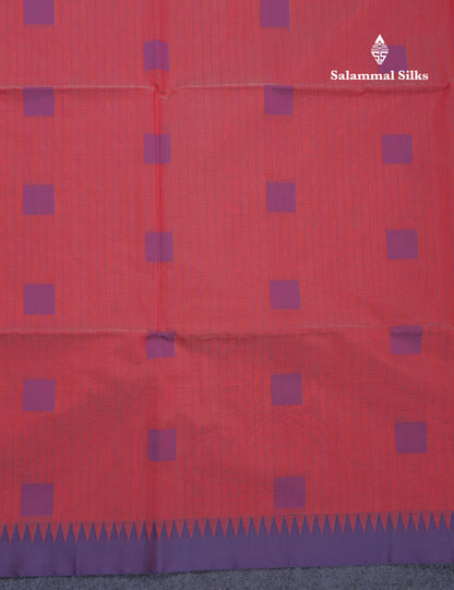 Tomato Red Beautiful Fancy Kora Cotton Saree With Contrast Violet Temple Small Border
