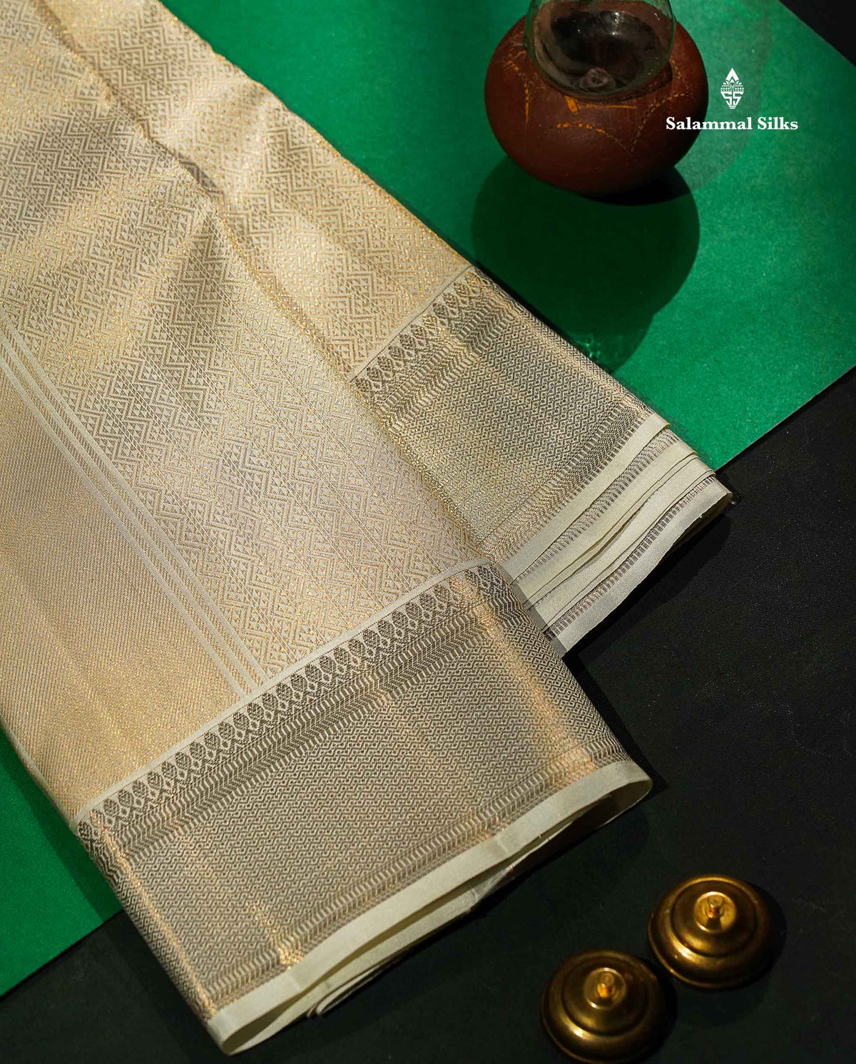 Pure Silk Dhoti 2G Zari With Shirt/Kurthi 3 Mtrs & Angavastram - Half White With Zari Border | 9×5
