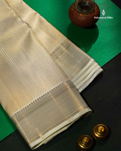 Pure Silk Dhoti 2G Zari With Shirt/Kurthi 3 Mtrs & Angavastram - Half White With Zari Border | 9×5