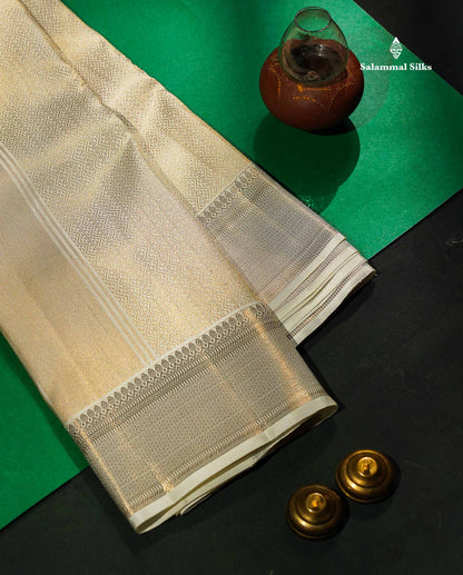 Pure Silk Dhoti 2G Zari With Shirt/Kurthi (3mtrs) & Angavastram - Cream White With Zari Border | 9×5