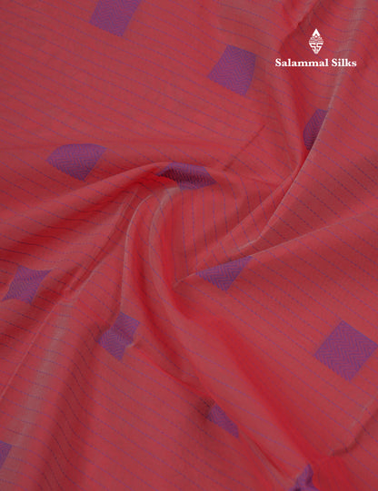 Tomato Red Beautiful Fancy Kora Cotton Saree With Contrast Violet Temple Small Border