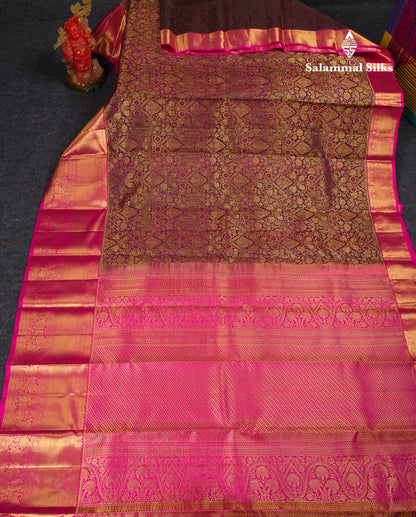 Beautiful Dark Magenta Bridal Pure Kanjivaram Silk Saree With Contrast Magenta Pink Traditional Evening Morning Border