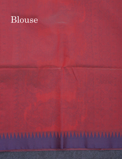 Tomato Red Beautiful Fancy Kora Cotton Saree With Contrast Violet Temple Small Border