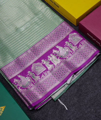 Beautiful Light Green Tissue Silk Mix Saree With Contrast Vadamalli Traditional Pallaku Evening Morning Border