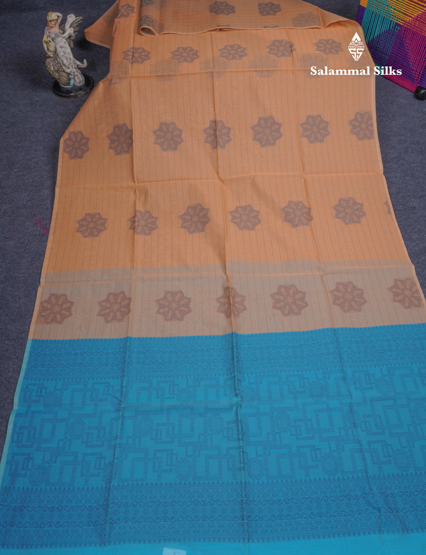 Peach Beautiful Fancy Kora Cotton Saree With Contrast Sky Blue Blouse