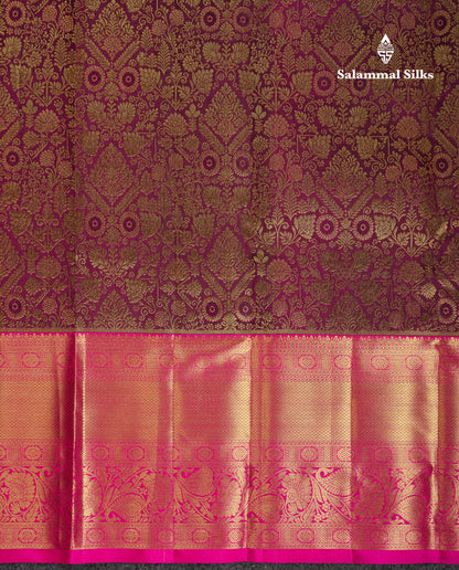 Beautiful Dark Magenta Bridal Pure Kanjivaram Silk Saree With Contrast Magenta Pink Traditional Evening Morning Border