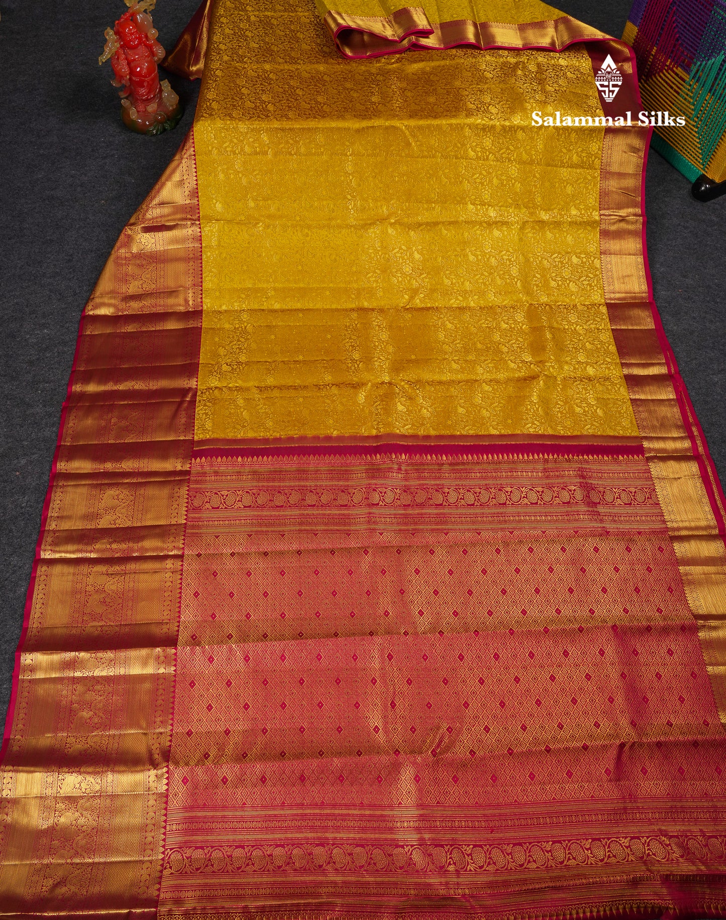 Beautiful Mustard Yellow Bridal Pure Kanjivaram Silk Saree With Contrast Maroon Traditional Evening Morning Border