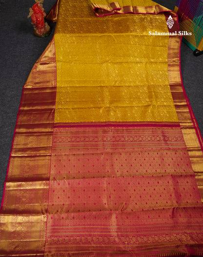 Beautiful Mustard Yellow Bridal Pure Kanjivaram Silk Saree With Contrast Maroon Traditional Evening Morning Border