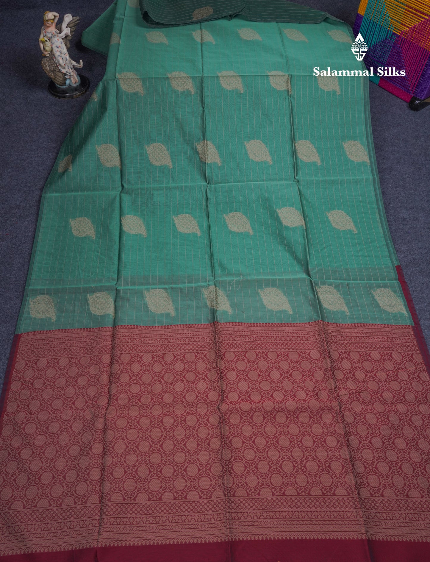 Green Shade Beautiful Fancy Kora Cotton Saree With Contrast Maroon Blouse