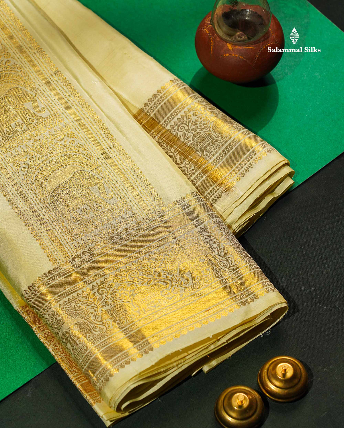 Pure Silk Dhoti With Shirt & Angavastram - Cream Colour With Gold Zari Border | 8×4 