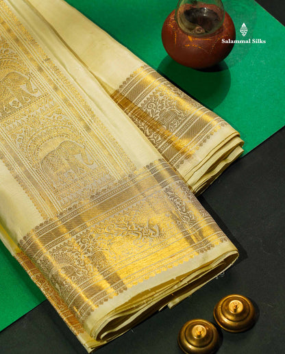 Pure Silk Dhoti With Shirt & Angavastram - Cream Colour With Gold Zari Border | 8×4 