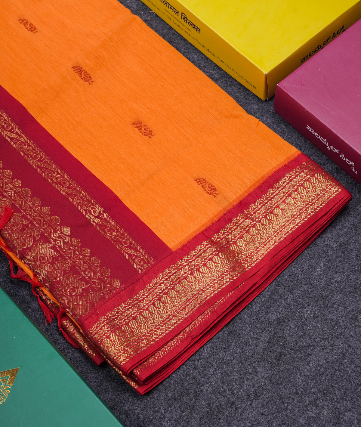 Beautiful Mango Yellow Kalyani Cotton Saree With Contrast Maroon Blouse
