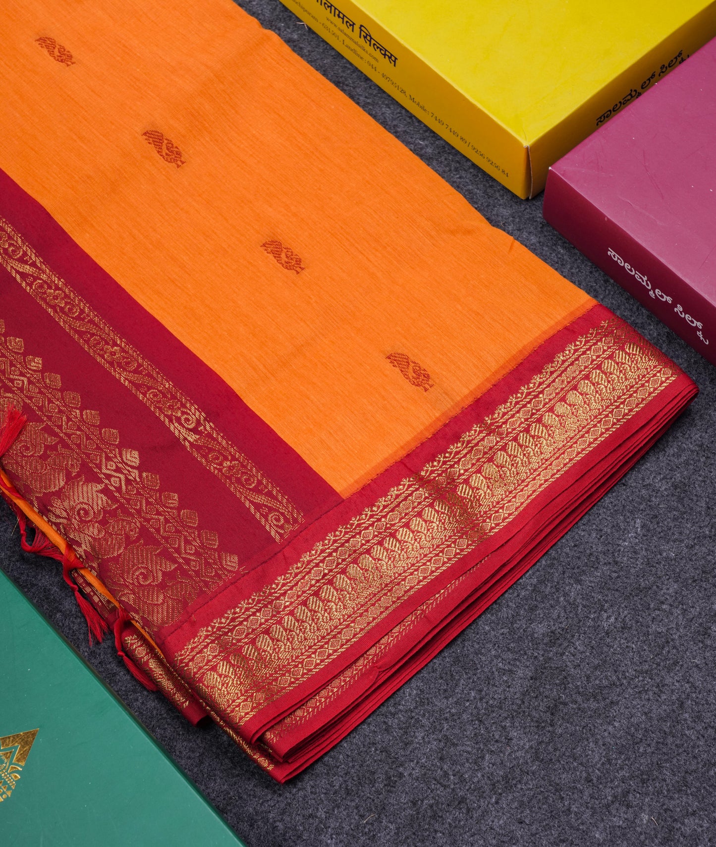 Beautiful Mango Yellow Kalyani Cotton Saree With Contrast Maroon Blouse