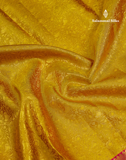 Beautiful Mustard Yellow Bridal Pure Kanjivaram Silk Saree With Contrast Maroon Traditional Evening Morning Border