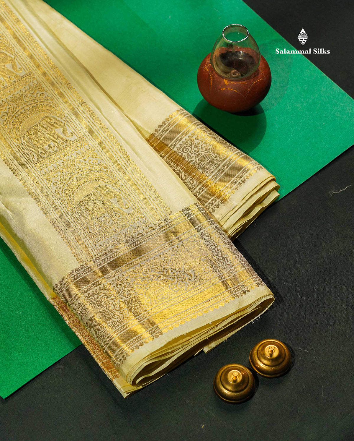 Pure Silk Dhoti With Shirt & Angavastram - Cream Colour With Gold Zari Border | 8×4