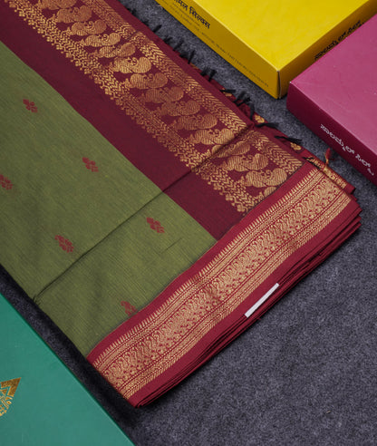 Beautiful Olive Green Kalyani Cotton Saree With Contrast Dark Maroon Blouse