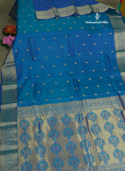 Peacock Blue Traditional Pure Kanjivaram Silk Saree With Self Border